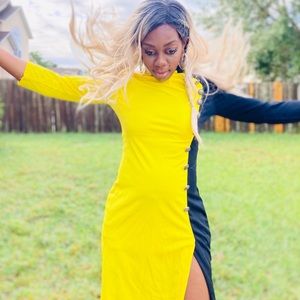 Chic yellow and black polyester and spandex dress